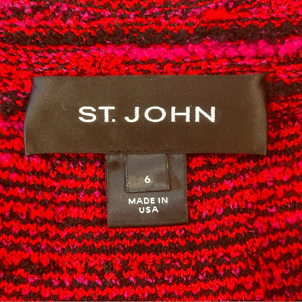 St. John red pink black tweed fringe frayed collar long jacket women’s size 6 - Picture 3 of 16